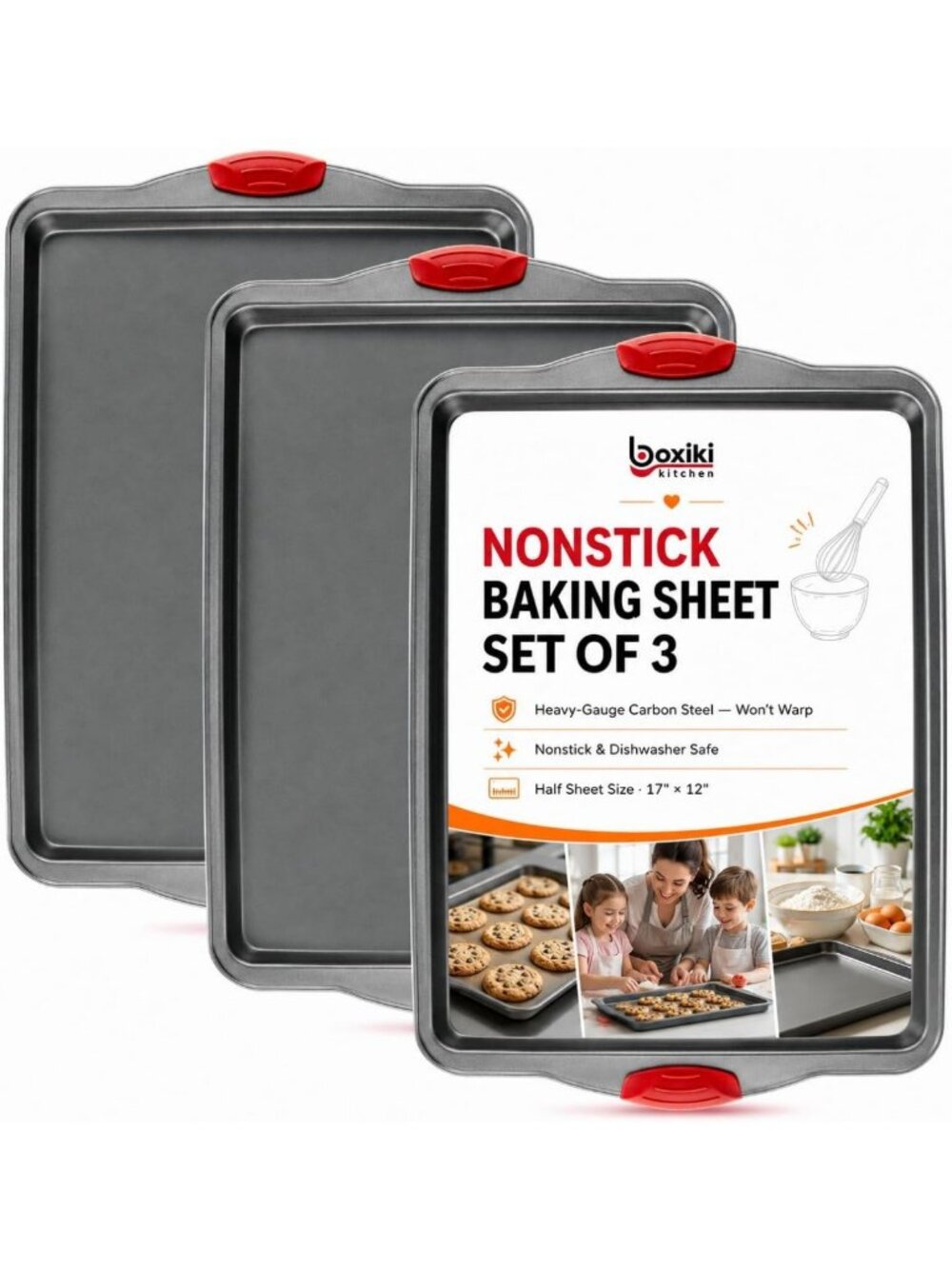 Nonstick Baking Sheet Set of 3 – Heavy-Duty Carbon Steel, Rust-Resistant